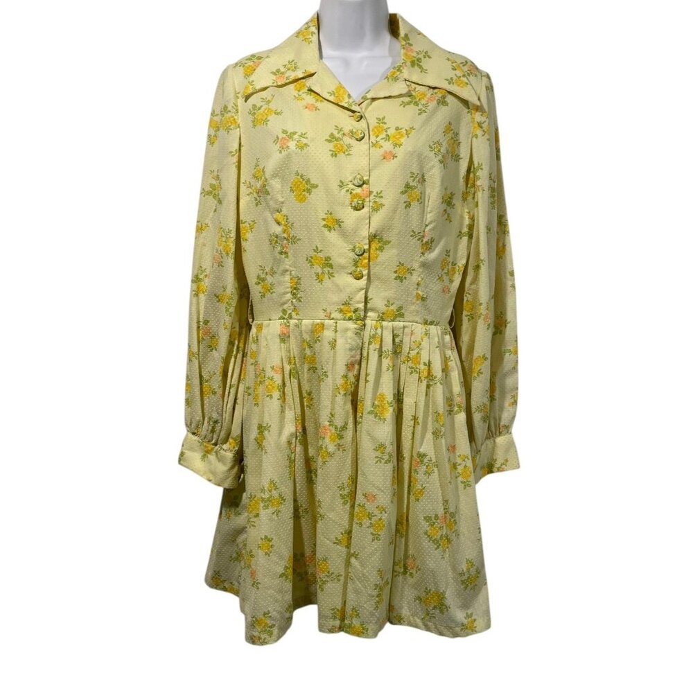 Vtg 1970s Long Sleeve Dress Yellow Floral Swiss Dot Button Bodice Marina Ellis S